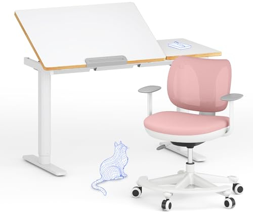 FlexiSpot Kinderschreibtisch, Elektrisch Höhenverstellbarer Schreibtisch mit neigbarer Tischplatte mit LED-Höhenanzeige, 3 Speicherplätzen, Kindersicherung, 110 x 52 cm (SK2 Kindertisch und Stuhl SET)