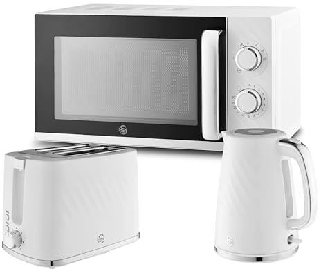 Swan Windsor White 1.7L 3KW Kettle, 2 Slice Toaster & 800W 20L Microwave SM4424WHT. Complete Matching Kitchen Set in White with Textured Finish & Chrome Accents