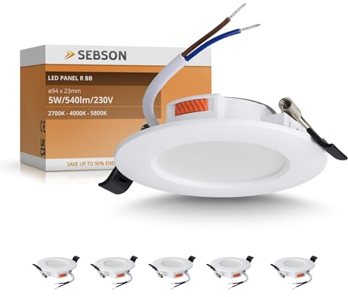SEBSON LED Einbaustrahler 230V 5W 540lm, programmierbar 2700K, 4000K, 5800K | LED Panel 94mm rund, 23mm flach, Deckenstrahler Einbauloch Ø80-85mm mit einstellbarer Farbtemperatur