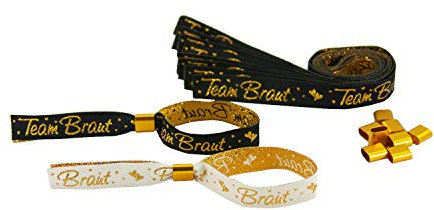 Oblique Unique® JGA Armbänder Set 1x Braut - 9X Team Braut mit Glitzereffekt und Herzen Junggesellinnenabschied Hen Party Hochzeit Armband Einheitsgröße - Schwarz Weiß Gold