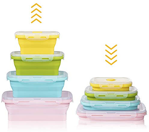 ZWOOS Silikon zusammenklappbaren Container, 4 Stück wiederverwendbar Zusammenklappbare Silikon-Aufbewahrungsboxen Faltbare Frischhalteboxen Bento Lunchboxen für Mikrowellen, Kühlschränke (Vierfarbig)