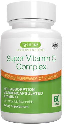Super Vitamin C Complex 1000mg, High Absorption 24-Hour Action Pureway-C, Clean Ingredients, Non-Acidic & Gentle, Vegan, 60 One-A-Day Tablets, by Igennus