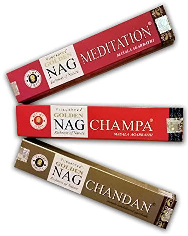 Golden Nag - Aromatisches Räucherstäbchen x 3 Vijayshree Meditations-Räucherstäbchen + Nag Champa + Nag Chandan - Natürliches Aromatherapie-Räucherstäbchen - Räucherstäbchen - 3 Schachteln mit 15 g.