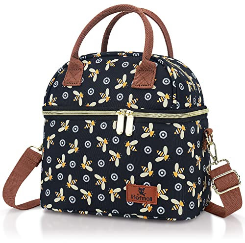 Hafmall Insulated Lunch Bag for Women Men, 9L Dual Compartment Lunch Cool Bag for Work School, Adult Lunch Bag with Shoulder Straps, Bee