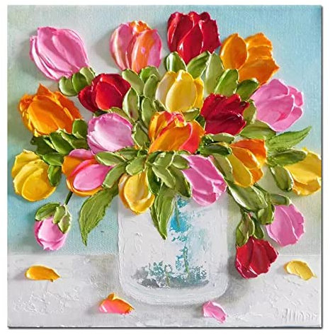 JIAREN Ölbilder Auf Leinwand Handgemalt,Große Abstrakte Bunte Dicke Textur Tulpe Blumenvase Blumenstrauß Leinwand Wandkunst Moderne 100% Handgemalte Ölgemälde Auf Leinwand Kunstwerke Für Wohnzimmer S