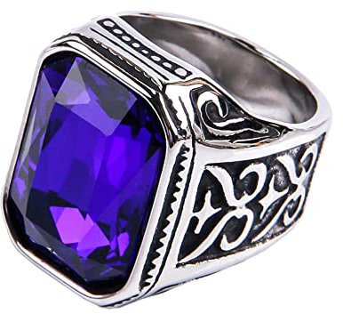 HIJONES Grandes Bagues en Pierre Carrée (CZ) pour des Hommes en Acier Inoxydable Vintage Bandes De Motards Gothiques Gemme Argent Noir-Violet Taille 70