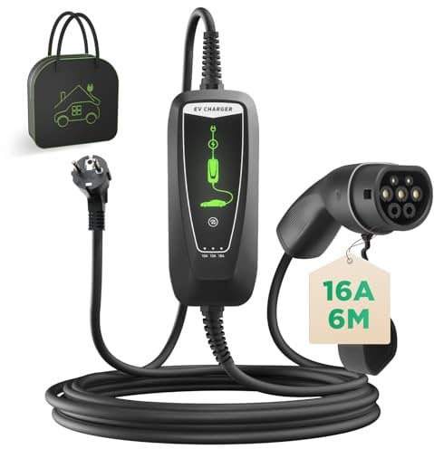 WISSENERGY Cable de Carga Rápida Tipo 2 de Vehículos Eléctricos, Corriente Conmutable 10-16A 3.68KW Cargador Coche Eléctrico con Enchufe Schuko, Cable de Carga Portátil de 6M con Bolsa IEC 62196-2