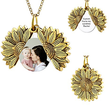 INBLUE Collar Foto Personalizado Colgante Mujer Medallón de Corazón Ángel Alas Girasol Inciso Mensaje Material Acero Inoxidable Regalos para Parejas, Madre, Hija (Oro Girasol)