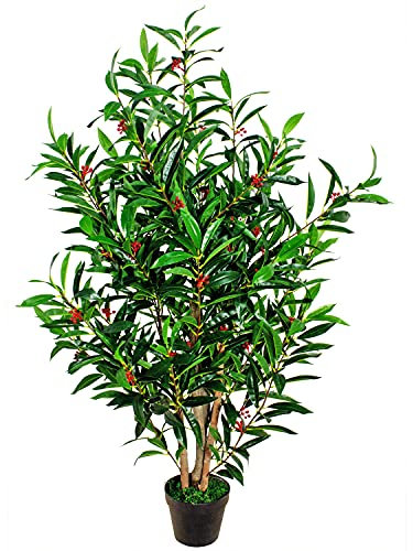 Decovego Künstlicher Kirschlorbeer Kirsch Lorbeer Lorbeerbaum Kunstpflanze Kunstbaum Baum Künstliche Pflanze Künstlich Echtholzstamm Innendekoration Deko 120 cm