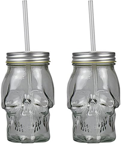 Lot de 2 verres à cocktail en verre transparent avec couvercles et pailles Motif tête de mort 450 ml