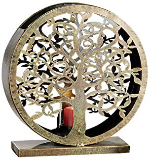 Gilde Metall Windlicht Lebensbaum Serie 2 Stück Kupfer/pat.grün, B37+43/H39+45,Glas D7/H15