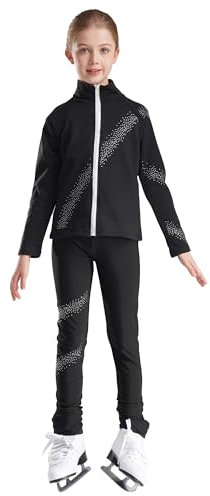 TTAO Kinder Mädchen Eiskunstlauf Anzug Glitzer Strass Langarm Sweatjacke Sweatshirt + Eislaufhose Trainingsanzug Eislaufen Tanzkleidung Schwarz 122-128