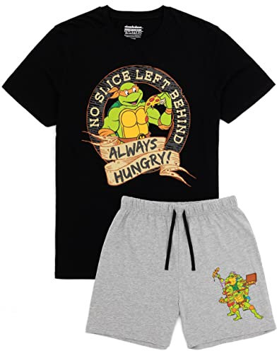 Teenage Mutant Ninja Turtles Herren Pyjamas | Michelangelo Warrior Charakter Pizza Schwarz T-Shirt Graue Shorts Pyjamas | TMNT Merchandise