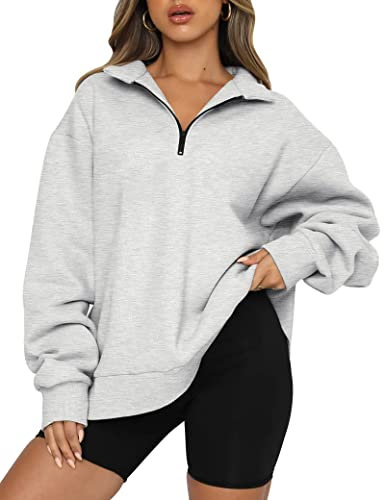 Famulily Women's Half Zipper V-Neck Hoodies Comfy Drop Shoulder Sweatshirts Loose Fit Pullover Tunic Tops Gray M