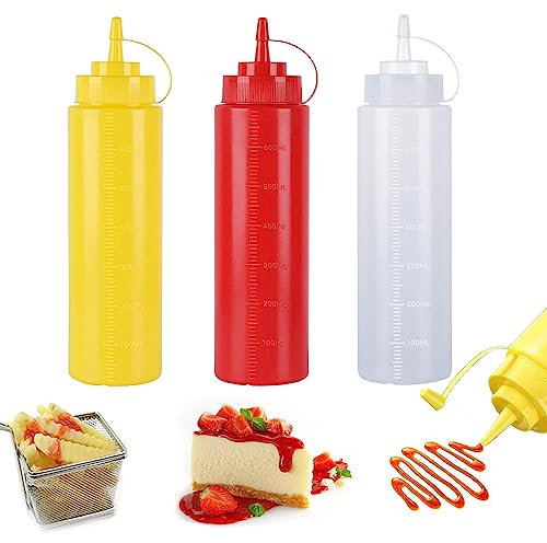 Bouteilles à presser en plastique 3 couleurs de 710 ml - Bouteilles à presser polyvalentes pour ketchup, huile, confiture, sauce barbecue, vinaigrettes, grillades, travaux manuels, distributeurs de