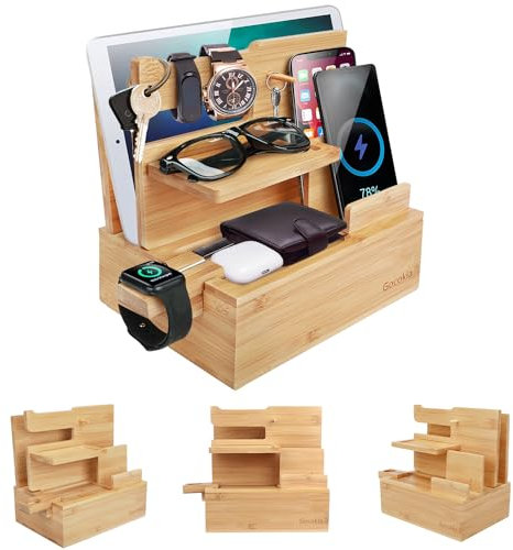 Gocokia Bamboo Docking Station per dispositivi multipli telefono portachiavi per laptop tablet portafoglio orologio supporto scrivania organizzatore scatola regalo per amico compleanno