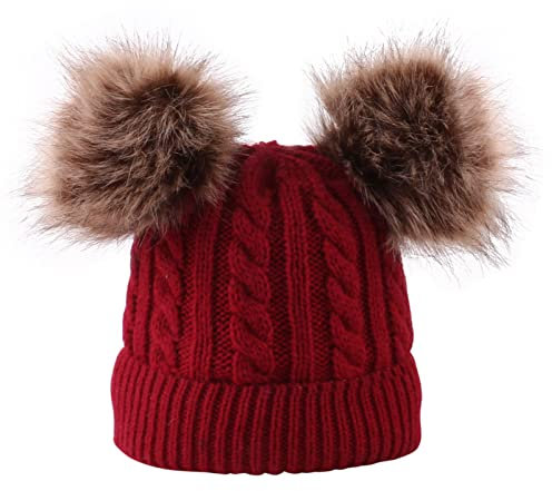 BIISDOST Braune Fliege Herren Mütze Jungen 49 Hut gestrickte Pom faus Kleinkindermütze Jungen Winter Baumwollhut gestrickte Baby Mützen Fellmütze Damen Erwachsene (Red, One Size)
