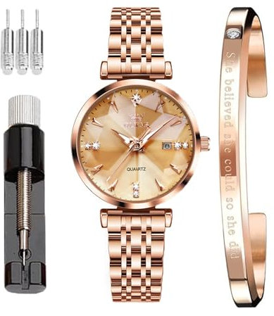 OLEVS Damen-Armbanduhr, japanisches Quarz, Roségold, Kristall, Edelstahl, modisch, wasserdicht, luxuriös, eleganter Kalender, simulierte Quarzuhr, Gw-g5536 Roségold-Oberfläche, Klassisch
