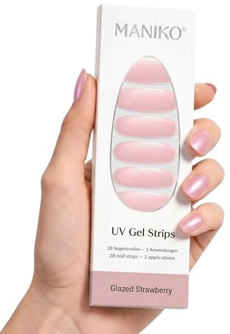 Maniko UV Gel Strips Glazed Strawberry Rosa – 20 UV Sticker, 2 Anwendungen | UV Nagellack zum Kleben, selbstklebende Nagelfolie für natürliche Nägel, vegan & langanhaltend – Geschenk zu Geburtstag