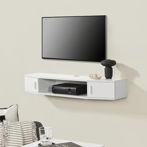 [en.casa] Mensola TV Sospesa a Muro Consolle Porta TV e Centri Multimediali Mobile da Parete 2 Ante Scomparto e Fori Passacavi 17,5 x 110 x 30 cm Bianco