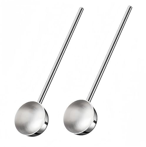 Hvanam Small Soup Ladle SUS304 Stainless Steel Metal Deep Spoon With Pour Spout 2 oz Long Handle Gravy Ladles Heat-Resistant for Kitchen Cooking Serving Soups and Drizzle Sauces 2 Pack Set (10.5 inch)