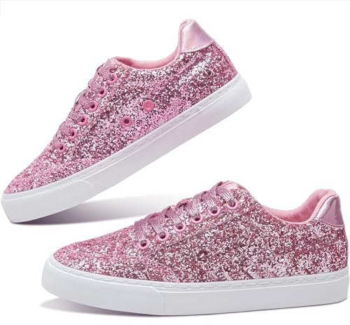 Jeekopeg Glitzernde modische Sneaker-Schuhe, glänzende Freizeitschuhe, glitzernde Pailletten, Konzert, niedrig geschnitten, Schnürschuhe, pink, glitter, 14 Women/12 Men