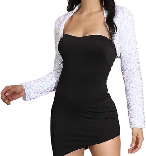 Brishow Damen Pailletten Bolero Langarm Open Front Top Shrug Abendparty Cardigan Schulterjacke (DE/NL/SE/PL, Alphanumerisch, M, Regular, Regular, Weiß)