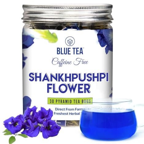 BLUE TEA - Shankhpushpi Flower - 30 Biodegradable Pyramid Tea Bags - Plant Based || Caffeine Free Herbal Tea || Gluten Free, NON-GMO | Premium Pet Jar |