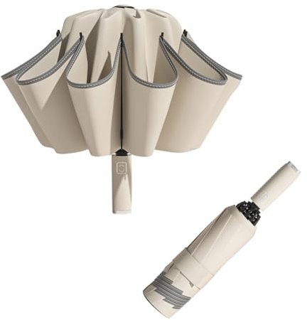 LCY Automatic Inverted Compact Folding Anti-UV Parasol Umbrella Large Windproof Umbrella with Reflective Stripe-Apricot