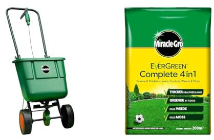 Miracle-Gro Rotary Seed Spreader & Evergreen Complete 4-in-1 Lawn Food - 200 m2, Weed & Moss Control