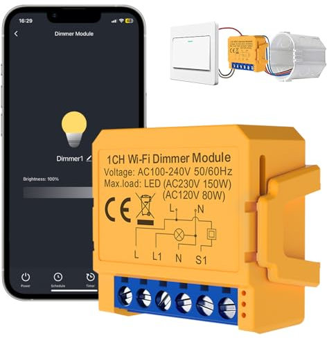 AVATTO Interruttore dimmer Smart WiFi Mini modulo dimmer supporta Alexa, controllo vocale Google Home e telecomando App Smart Life. È necessario un conduttore zero, 1 marcia: