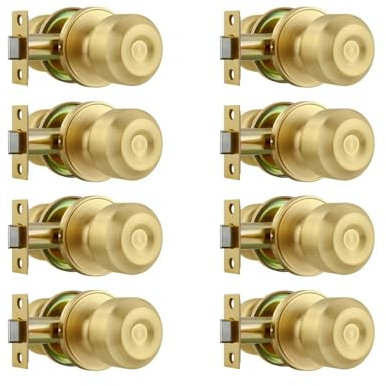Leydebong 8 Pack Gold Closet Door Knobs, Keyless Passage Door Knobs, Round Ball Door Handle Lockset, Finish in Satin Brass