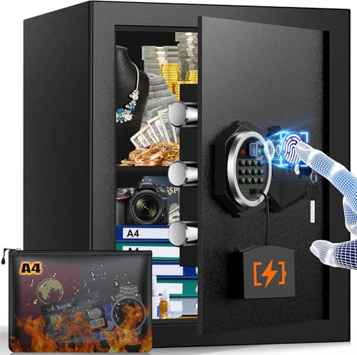 Mejasg 45L Safe Tresor Fingerabdruck mit A4 Feuerfester Tasche, Fingerabdruck Tresor für Zuhause mit Herausnehmbare Regal&Duales Alarmsystem, Digitaler Möbeltresor für Bargeld Medikamente A4 Dokumente