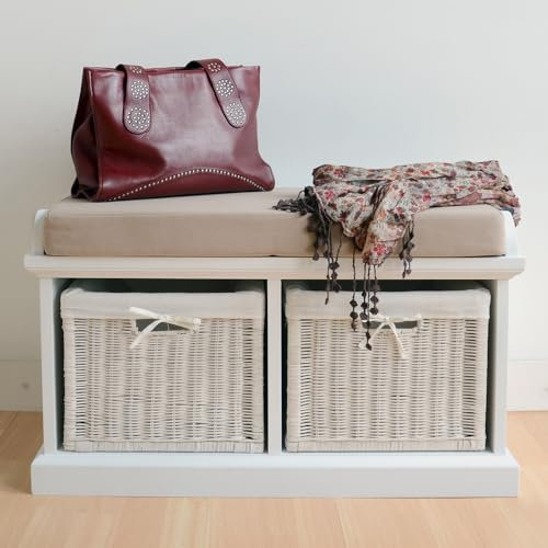 Tetbury White Storage Bench with Cushion Seat | Hallway Bench with 2 Wicker Baskets | W76cm H46cm D40cm | Fully Assembled, Very Sturdy (white B)
