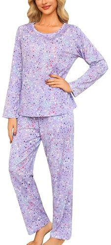 ENJOYNIGHT Schlafanzug Damen Lang Pyjama Set Baumwolle Langarm Nachtwäsche Zweiteiliger Hausanzug mit Taschen (Medium,Lila)