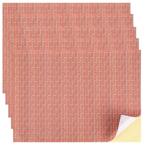 CRASPIRE 6 Sheets Mini House Wallpaper Red Clinker Bricks Wall Floorboards Miniature Flooring Vintage Self Adhesive Floor Paper 12.7x8.3in DIY Peel and Stick Decal Stickers Bedroom Living Room Decor