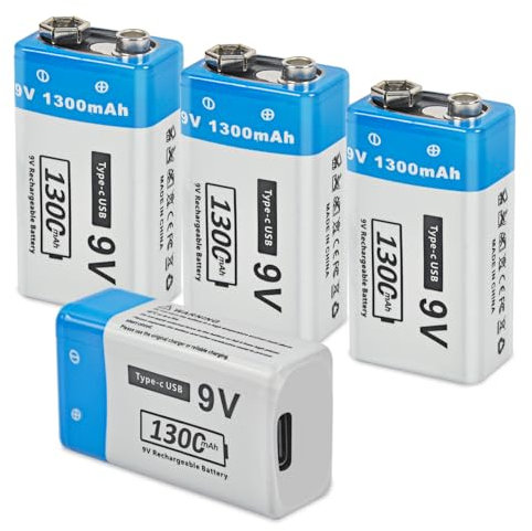 Batería recargable de 9 V, paquete de 2 baterías de ion de litio de 1300 mAh con puerto de carga USB-C, función de carga rápida, ideal para detectores de humo, detector de incendios y multímetro