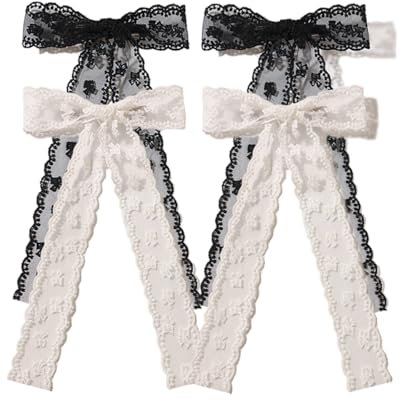 XFYUZR 4 pinzas grandes para el pelo con lazo de encaje, pinzas para el pelo para fiestas y bodas, bonitos lazos con cinta de encaje de tul, accesorios para el cabello, lazos blancos y negros para