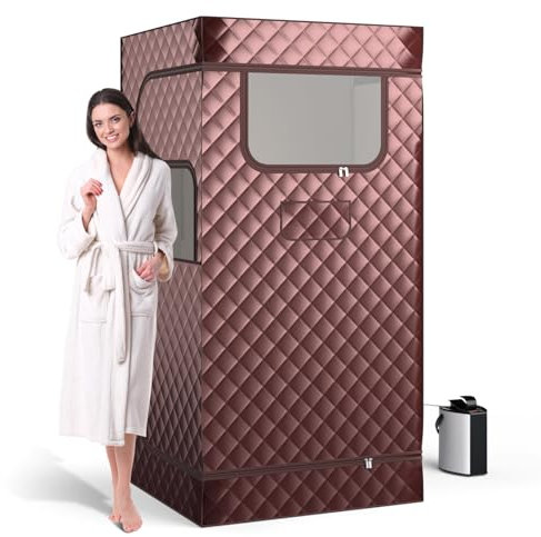 GYMAX Sauna da Casa, Kit di Sauna Personale con Sedia Pieghevole, Telecomando, Timer, Generatore di Vapore da 3L, Box Sauna per Una Persona, Tenda Sauna Portatile per Spa Casalinga (Marrone)