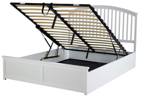 Home Source Ottoman 5ft King Pine Wood End Lift Storage Bed, Gas Lift, Slatted Headboard, White