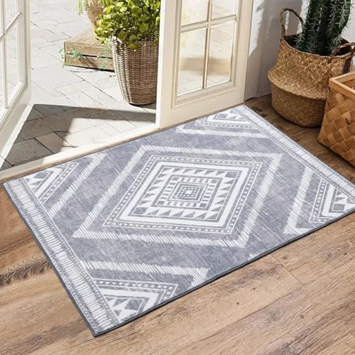 TUKDAK Fußmatte innen 60x90cm Grau, Waschbar Eingangs Teppich mit rutschfest Rücken, Vintage Kurzflor Teppich für Flur, Boho Weichem Mat für Patio Haustür Küche