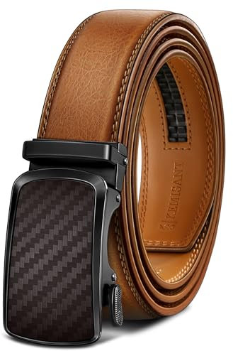 KEMISANT Gürtel Herren, Automatik Ledergürtel Herren Ratsche für Business Anzug,35mm Gürtel ohne Löcher,Größe Angepasst(Orangebraun,120cm/34-40 taille verstellbar)