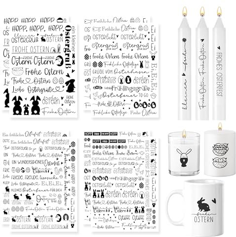 FloraVigo 8-teiliges Kerzentattoo, Kerzenaufkleber, 200 Muster, Wassertransferfolie, Kerzen, Kerzenfolie, dekorative Kerzen, Geburtstagskerzen, Zitate (Ostern)
