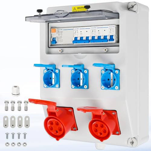 Warmfay Wandverteiler Vorverkabelt Stromverteiler, 3x 230V Schuko Steckdosen + 1x CEE 16A & 32A, Baustromverteiler mit FI-Schalter und LS Schalter, IP67 Wasserdicht Gehäuse für Innen und Außen