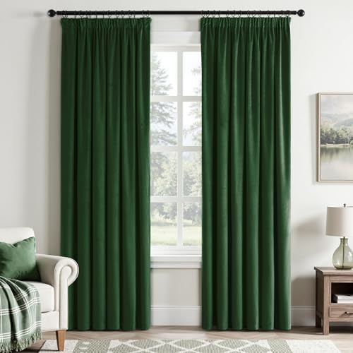 EMEMA Blickdichte Samt Vorhänge mit Kräuselband Dunkelgrün 2er H225xB140cm | Samt Gardinen Deko Blickdichte Vorhänge mit Kräuselband Wohnzimmer Schlafzimmer Verdunkelung Thermovorhang Samt kräuselband