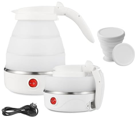 NHQZ Hervidor Plegable 600ML,Silicona,Viaje,Blanco,Mini Hervidor de Camping,5 Minutos,para Cocinar,Viajar,Camping,Al Aire Libre,con 2 Vasos Plegables