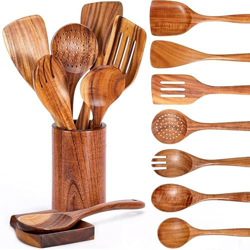 Kochlöffel Set Holz, 9 Stück Holz Kochbesteck Set mit Halter, Pfannenwender Kochlöffel Schöpfkelle Nudelheber Servierlöffel Sieb, Holzkochlöffel 100% aus Natürlichem Teakholz - Küchenhelfer Set