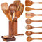 Kochlöffel Set Holz, 9 Stück Holz Kochbesteck Set mit Halter, Pfannenwender Kochlöffel Schöpfkelle Nudelheber Servierlöffel Sieb, Holzkochlöffel 100% aus Natürlichem Teakholz - Küchenhelfer Set