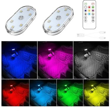 2 PCS auto LED luci interne con telecomando,7 colori di illuminazione ambientale dell'interno dell'auto,Luce a led per interni auto,Luci led portatili per auto