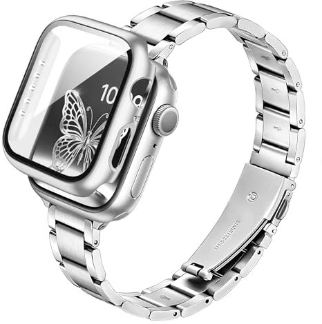 G-ficu Slim Metal Straps with Case Compatible with Apple Watch Straps Women 40mm with Screen Protector, Thin Stainless Steel Band, Adjustable iWatch Strap for Apple Watch Strap Series 6 5 4 SE, Silver